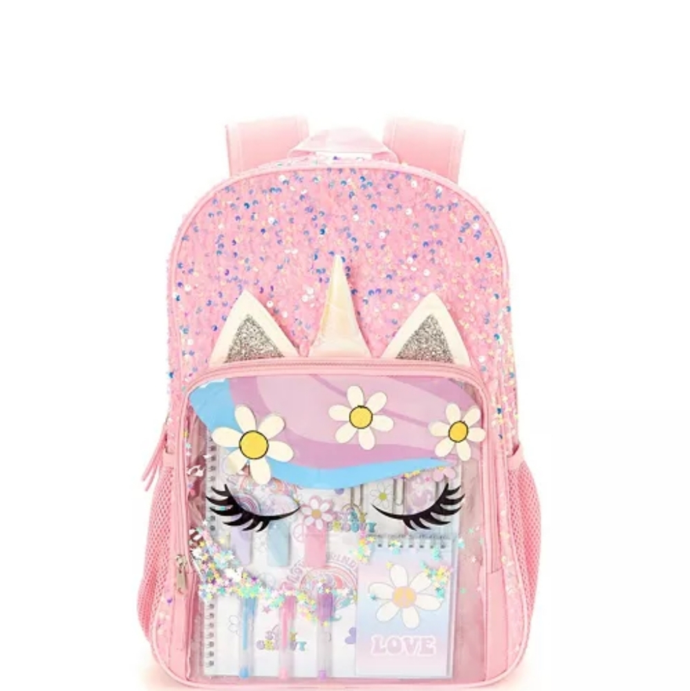 Little and Big Girls Sequined Unicorn Backpack with Stationary Set